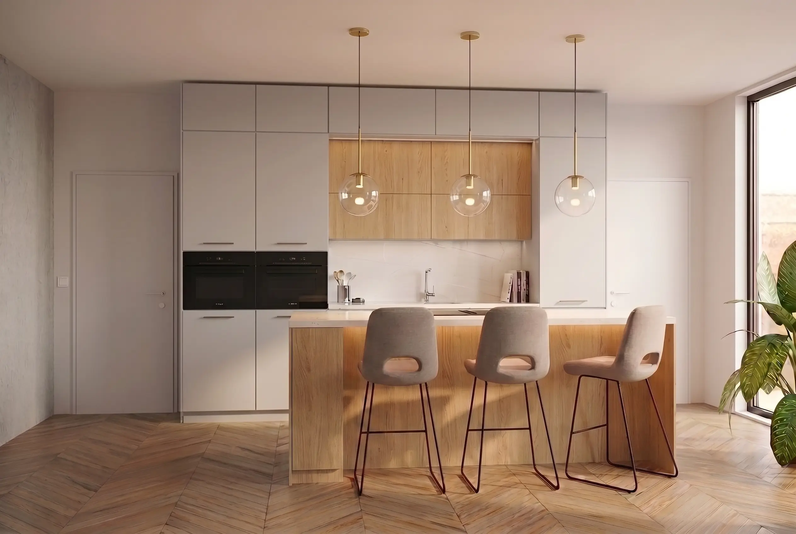 Akční designová kuchyně se světle šedými dvířky a dřevěným ostrůvkem